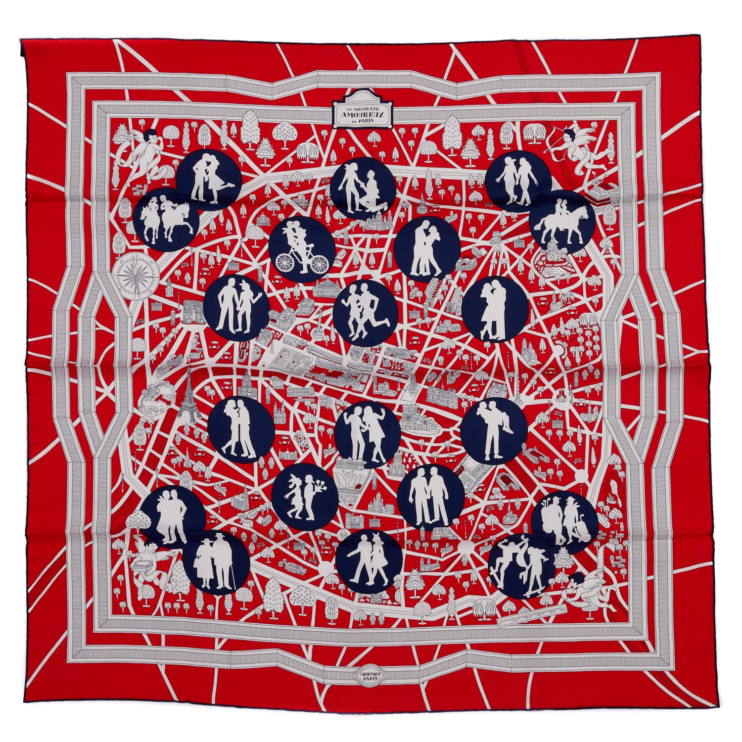 Hermes Silk Les Nouveaux Amoureux de Paris Scarf 90 Rouge Vif Marine Blanc 1 of 3
