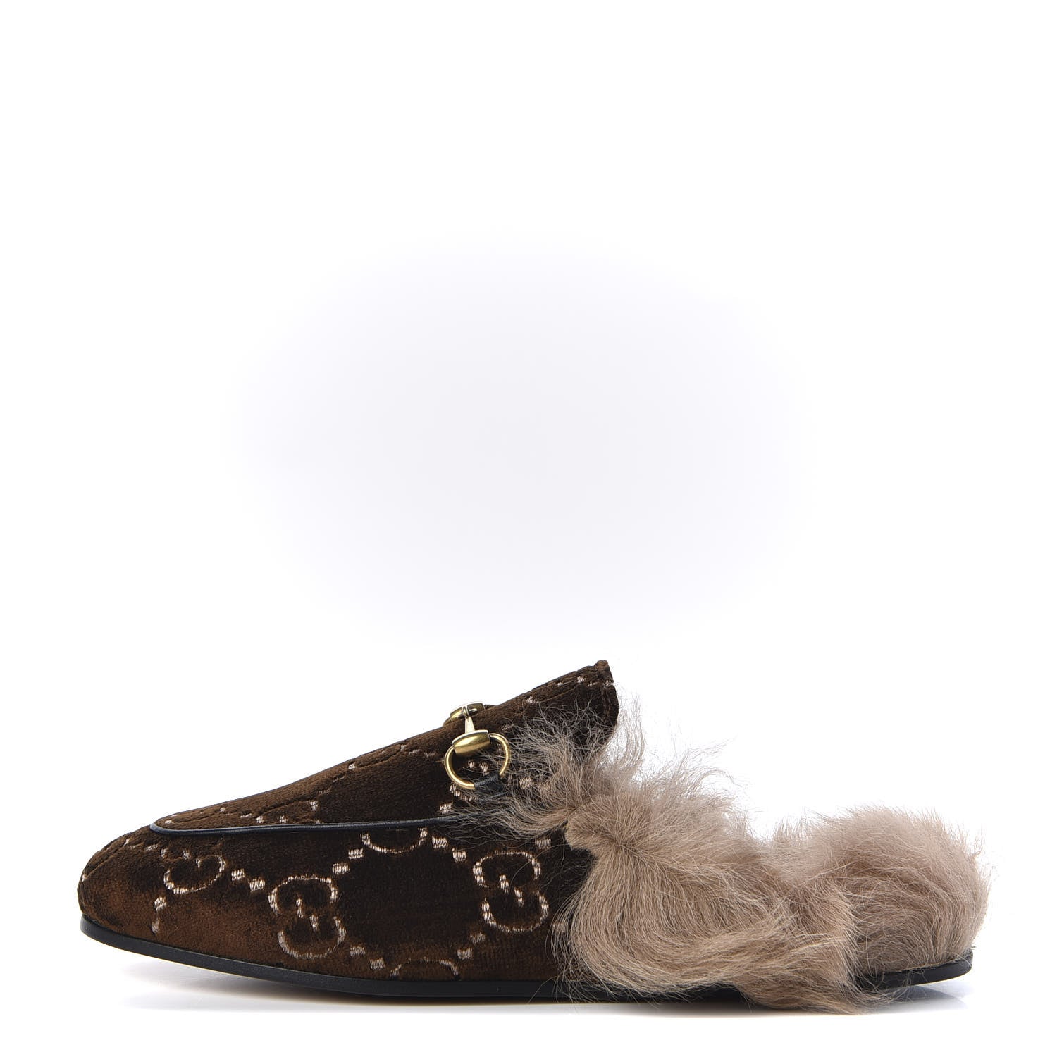 Gucci Velvet GG Monogram Fur Womens Princetown Slippers 37.5 Brown Black Natural 1 of 9