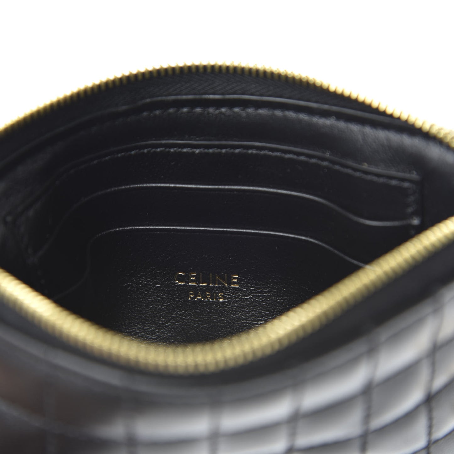 Calfskin Quilted C Charm Coin Card Pouch Black
