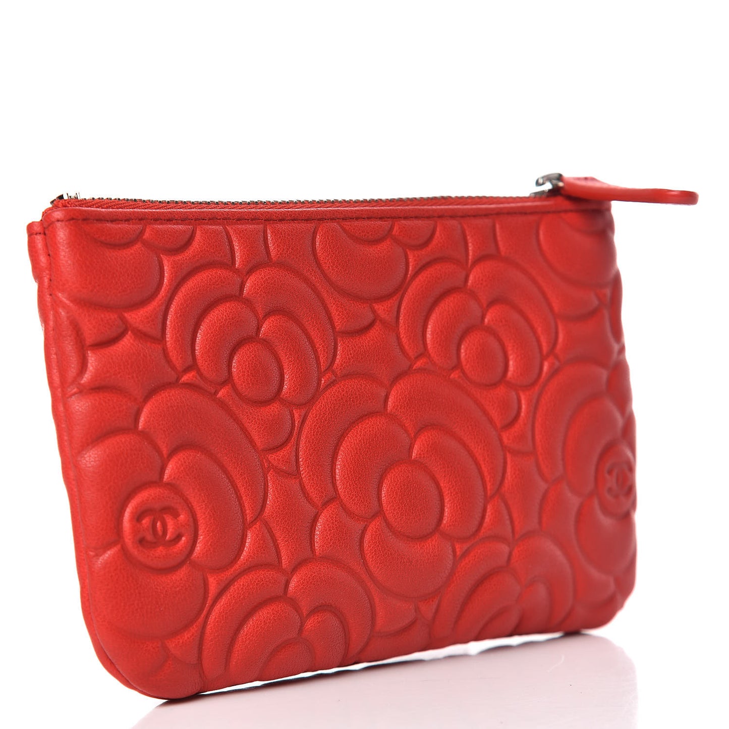 Goatskin Camellia Embossed Cosmetic Pouch Red