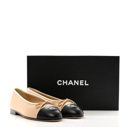 Chanel Lambskin Cap Toe CC Ballerina Flats 37 Beige Black 10 of 10