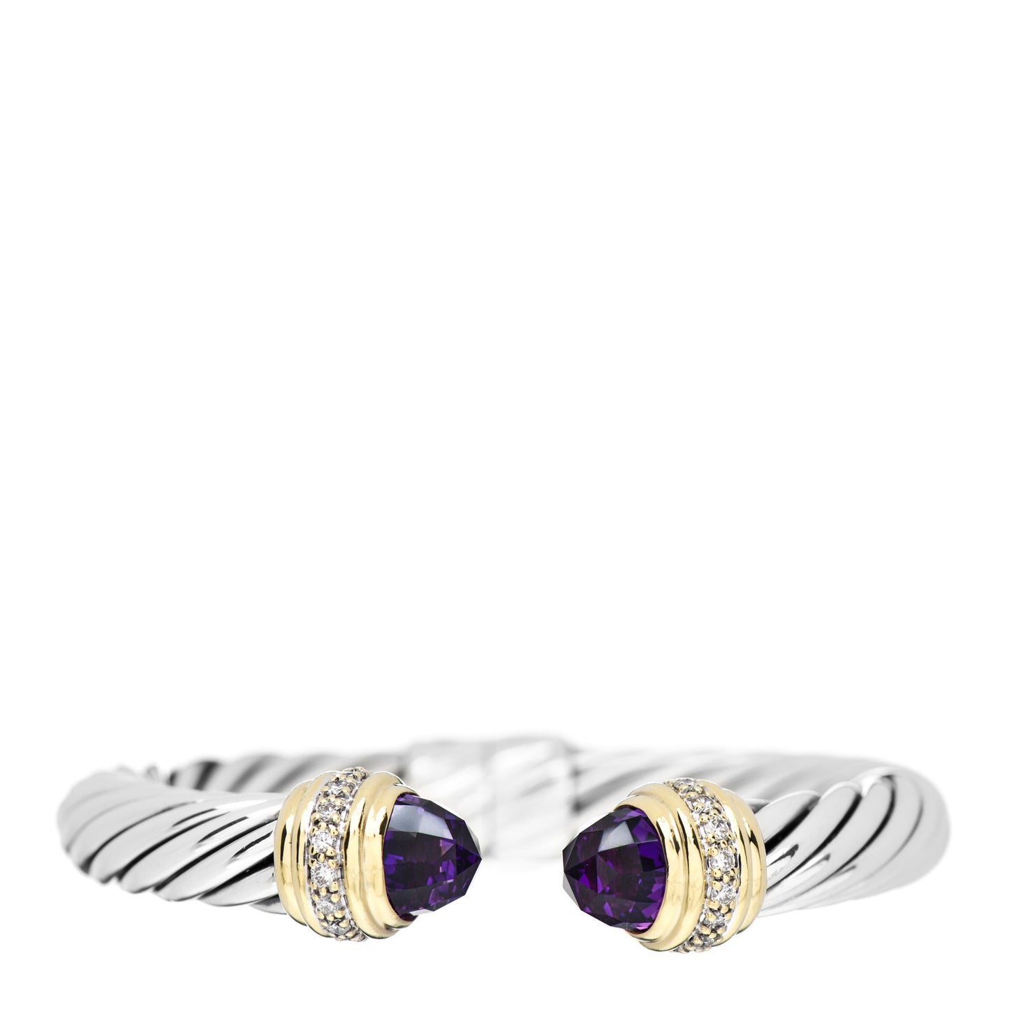 Sterling Silver 18K Yellow Gold Diamond Amethyst 10mm Cable Bracelet