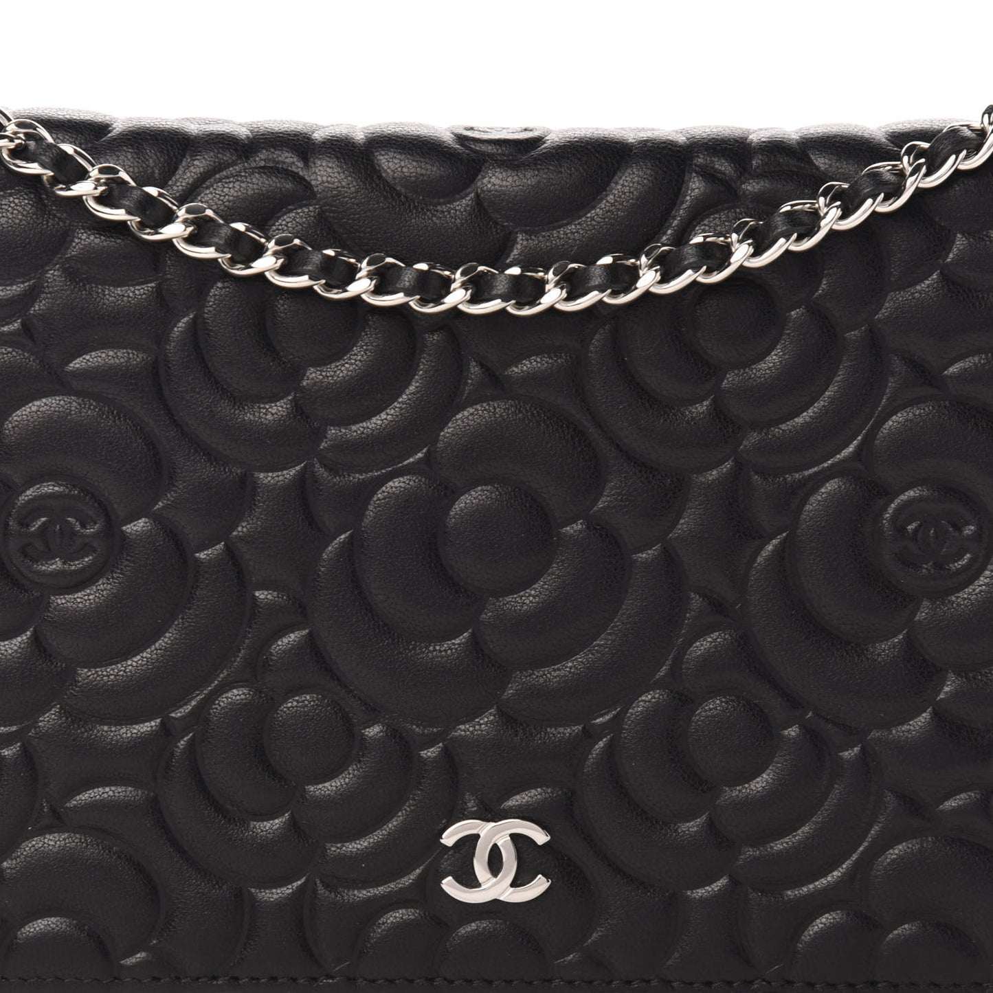 Goatskin Camellia Embossed Wallet on Chain WOC Black