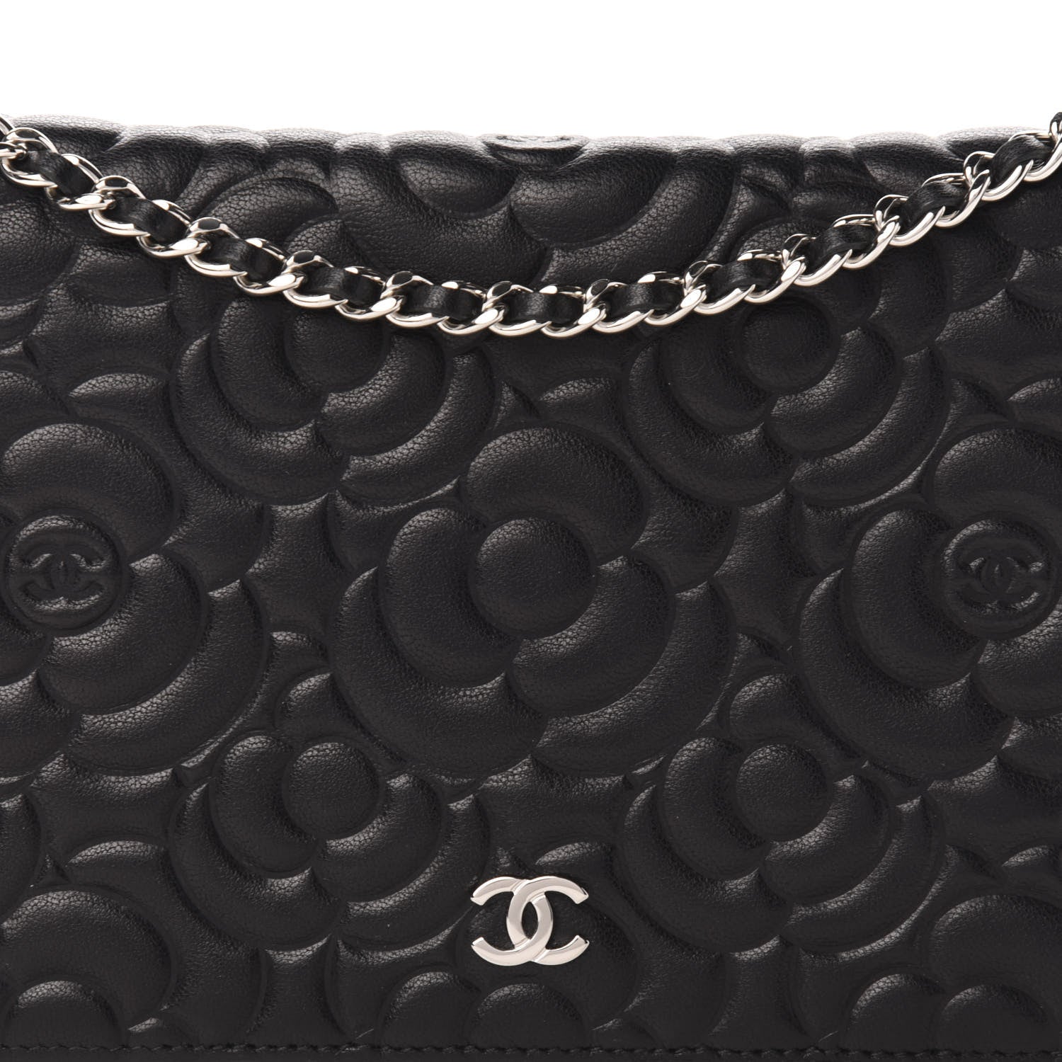 Chanel Goatskin Camellia Embossed Wallet on Chain WOC Black 10 of 10