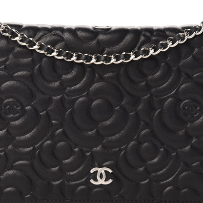 Chanel Goatskin Camellia Embossed Wallet on Chain WOC Black 10 of 10