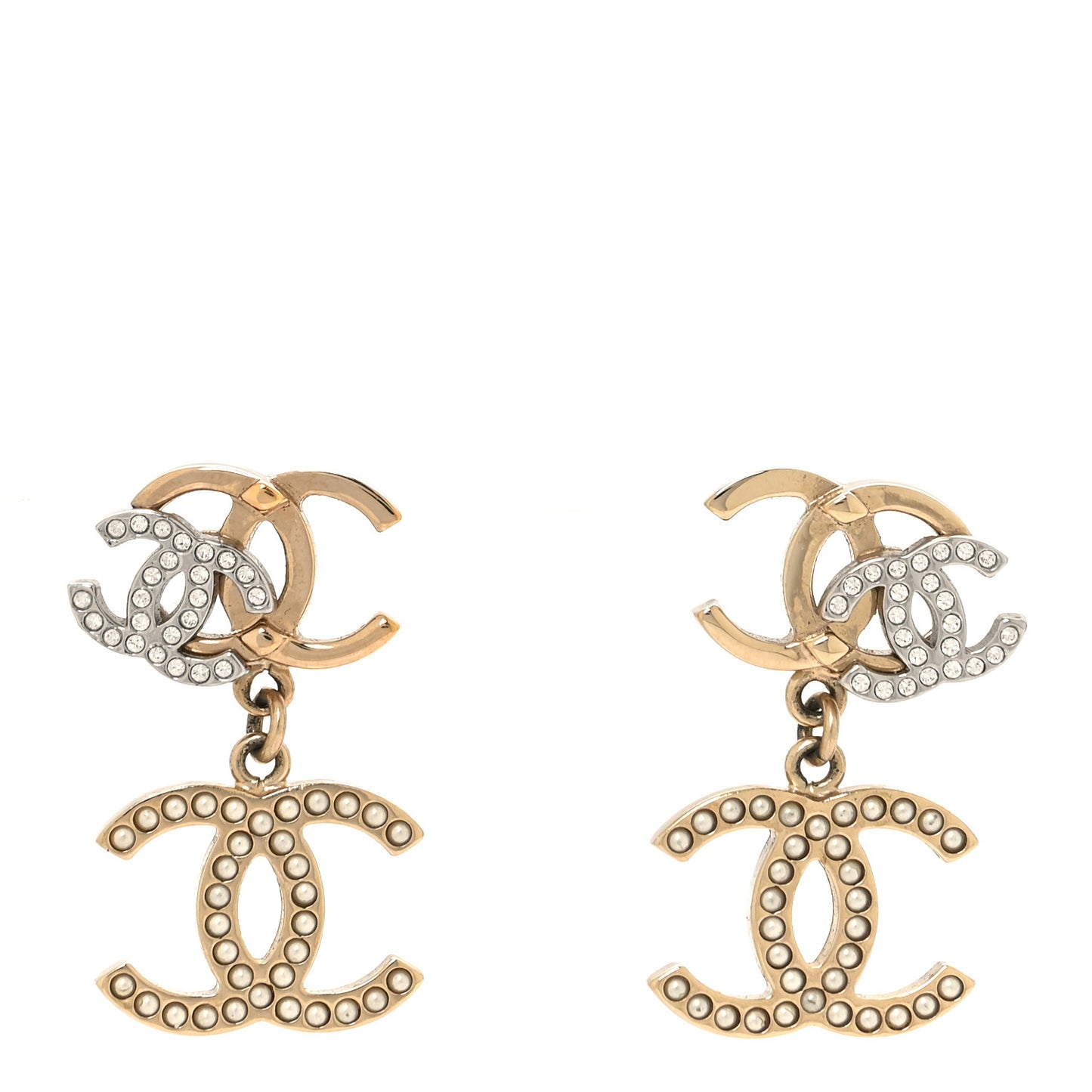 Crystal Pearl Double CC Drop Earrings Gold Silver