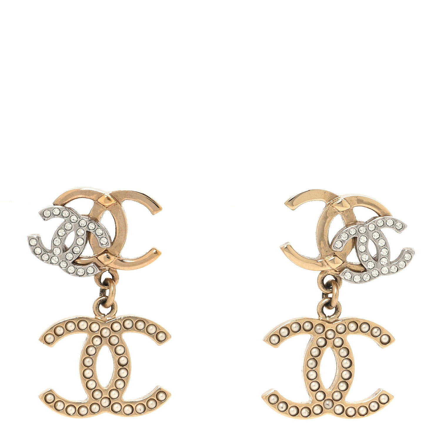 Chanel Crystal Pearl Double CC Drop Earrings Gold Silver 1 of 5