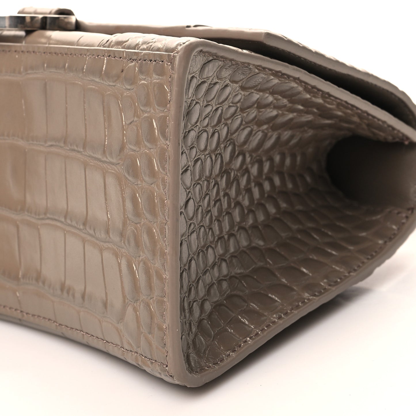 Shiny Calfskin Crocodile Embossed Small Hourglass Top Handle Bag Mink Grey