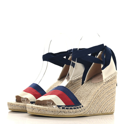 Gucci Canvas Sylvie Web Ankle Wrap Espadrille Wedge Sandals 39.5 Mystic White Hibiscus Red Maritime 4 of 9