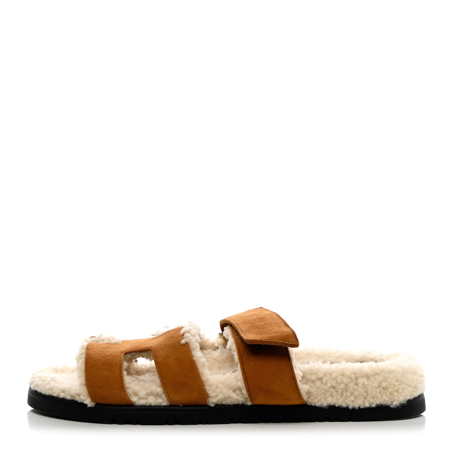 Hermes Suede Goatskin Woolskin Womens Chypre Sandals 37.5 Naturel Ecru 1 of 7