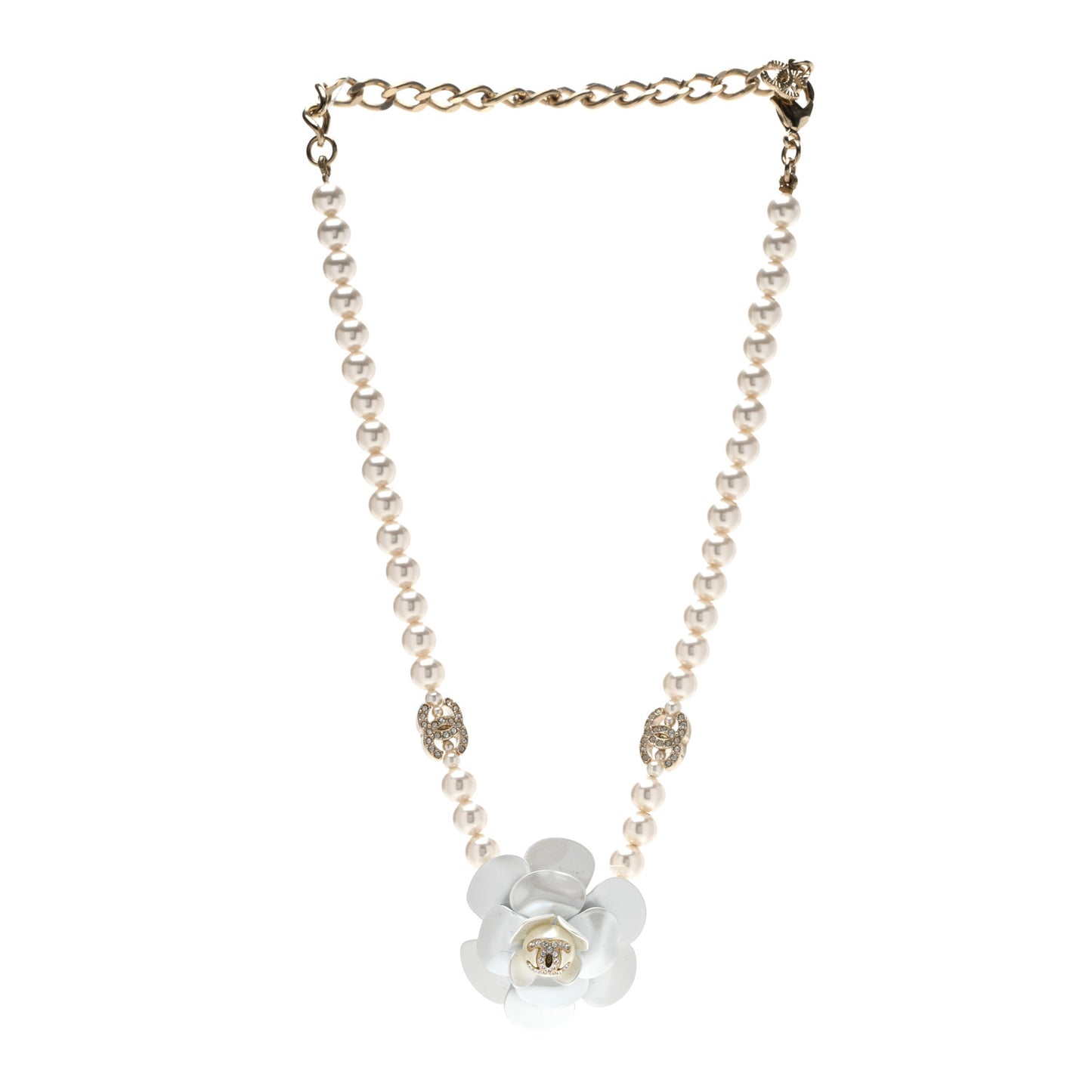 Pearl Crystal CC Camellia Choker Necklace Gold White