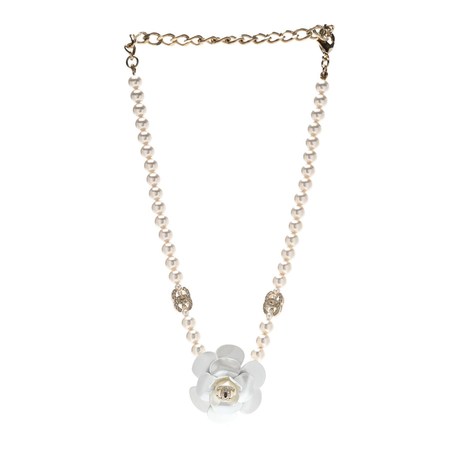 Chanel Pearl Crystal CC Camellia Choker Necklace Gold White 3 of 4