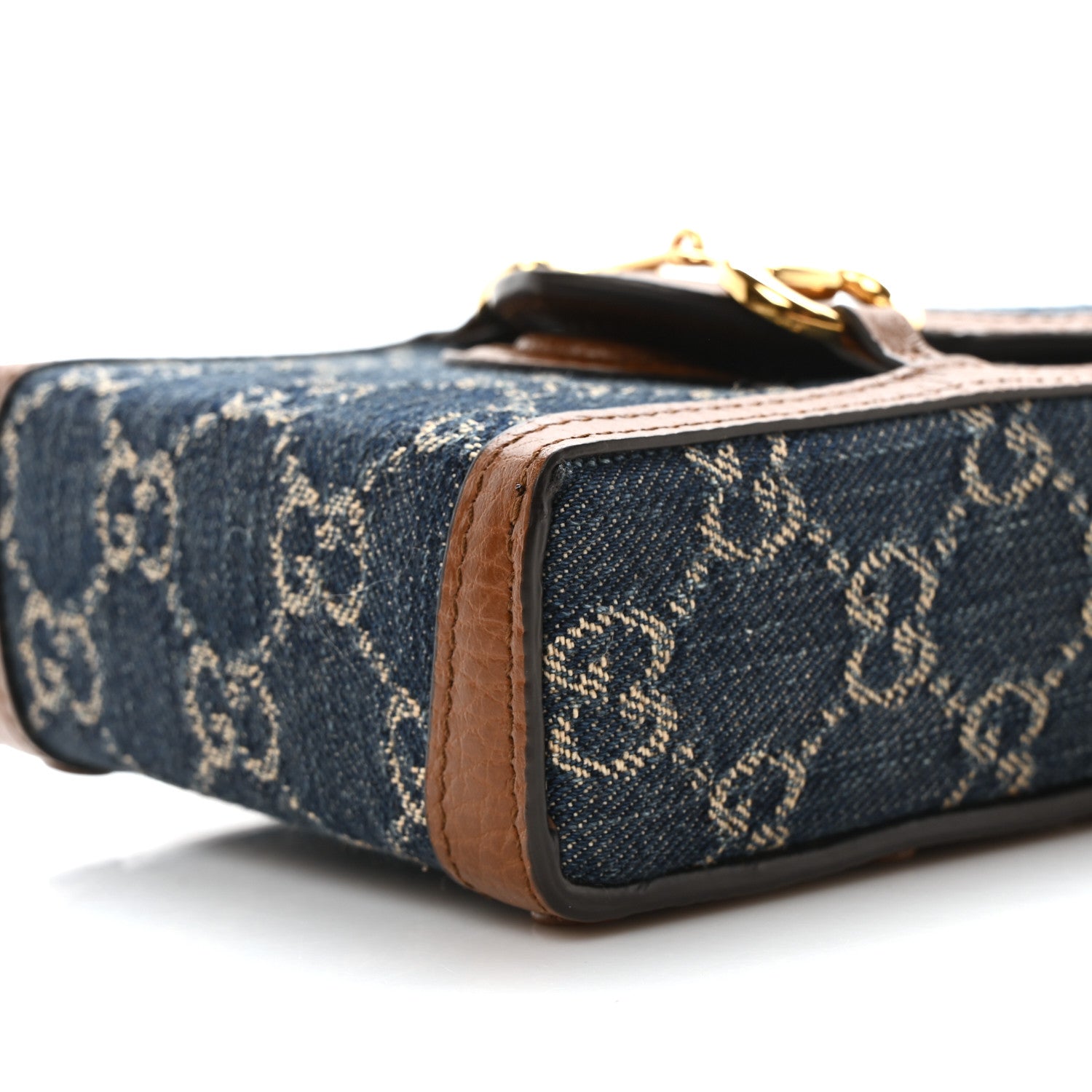 Gucci New Denim GG Monogram Dollar Calfskin Mini Horsebit 1955 Crossbody Bag Blue Tea Cuir Epilog 9 of 10