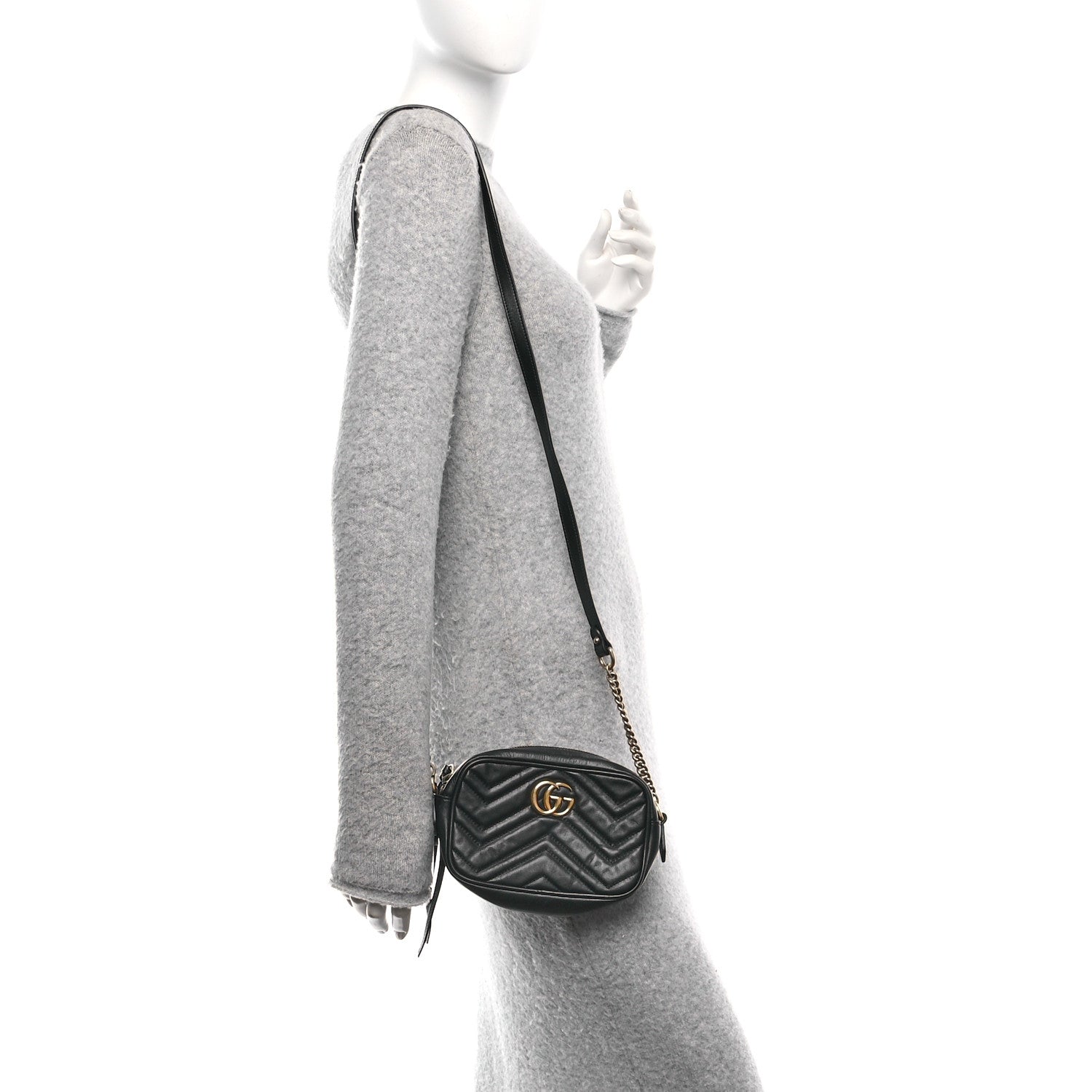Gucci Calfskin Matelasse Mini GG Marmont Chain Shoulder Bag Black 2 of 10