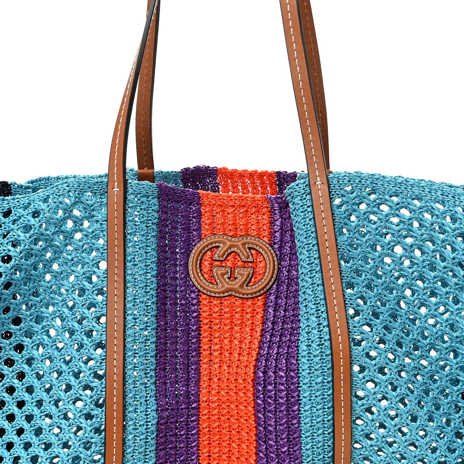 Gucci Raffia Web Woven Interlocking G Tote Blue Multicolor 8 of 10