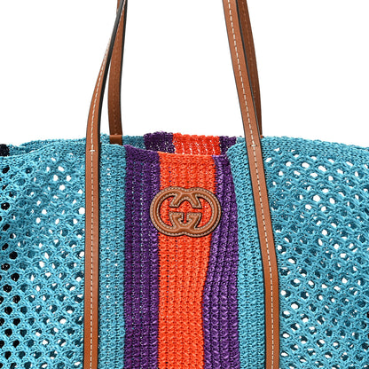 Gucci Raffia Web Woven Interlocking G Tote Blue Multicolor 8 of 10