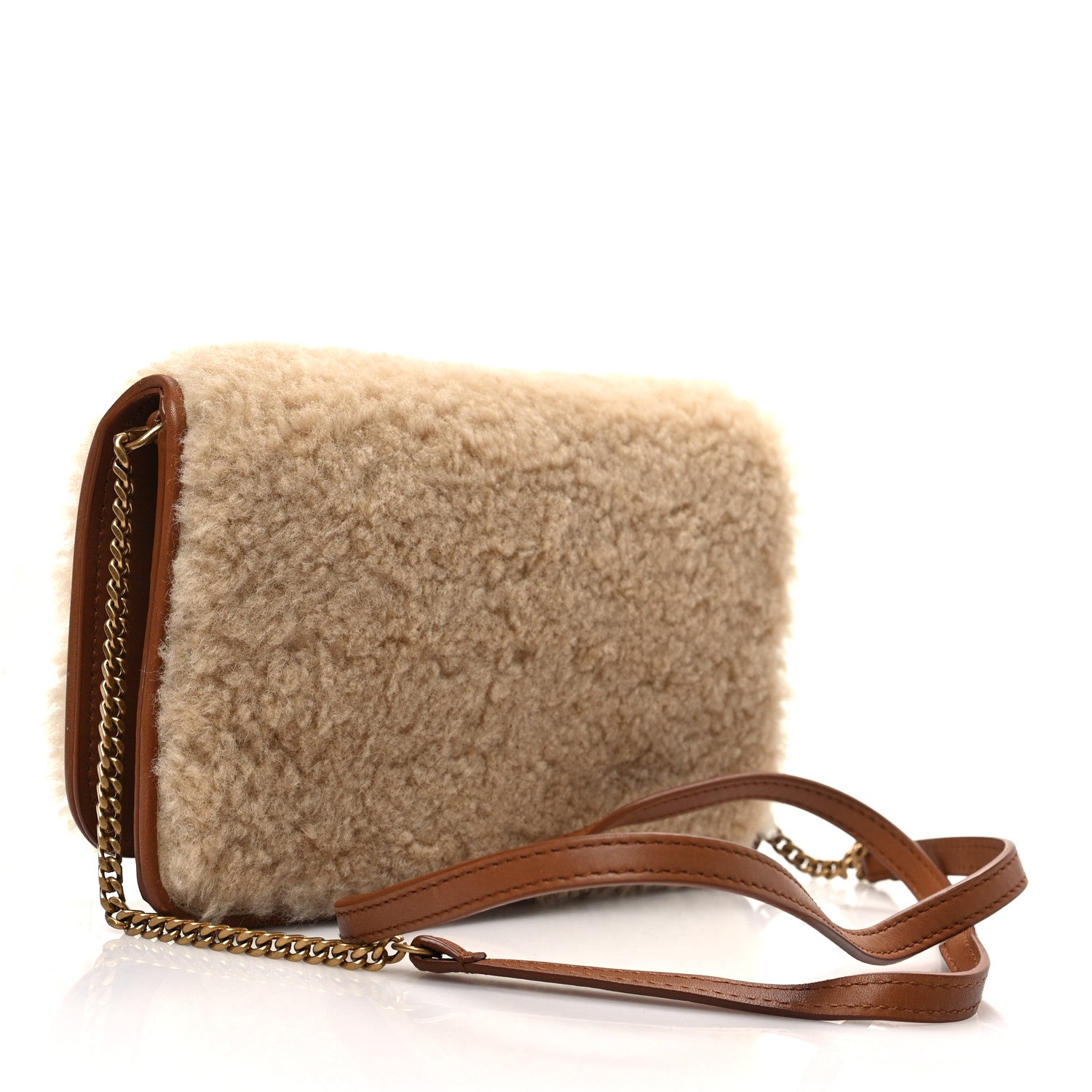 Saint Laurent Shearling Monogram Phone Holder Crossbody Brown 3 of 8