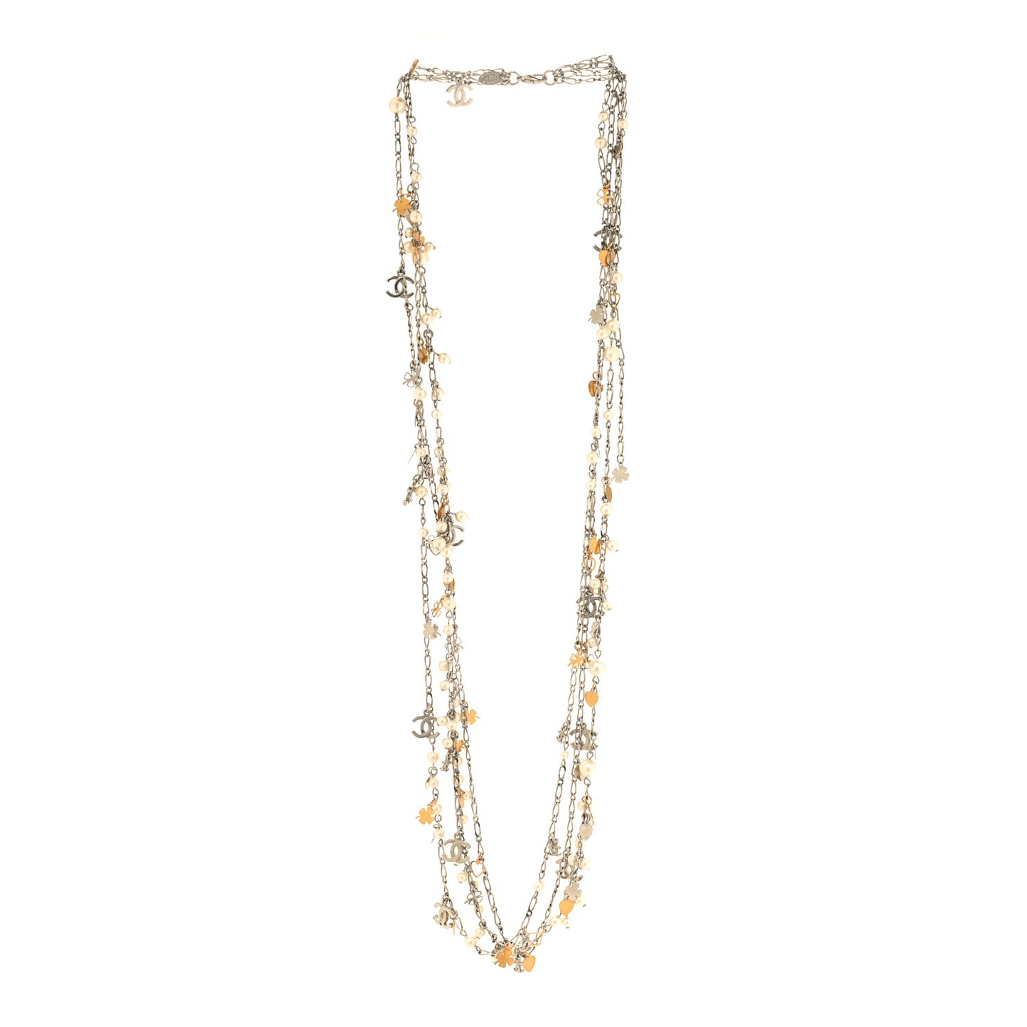Pearl CC Charms Multi Strand Long Necklace Gold Silver