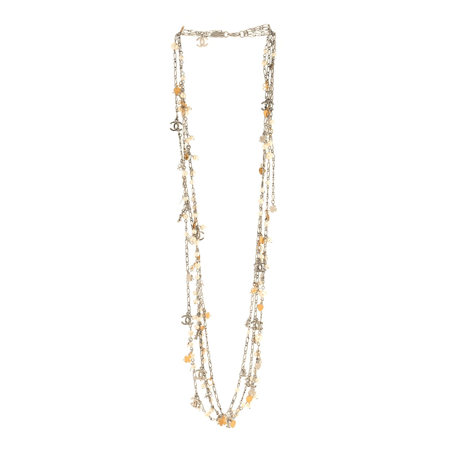 Chanel Pearl CC Charms Multi Strand Long Necklace Gold Silver 3 of 5