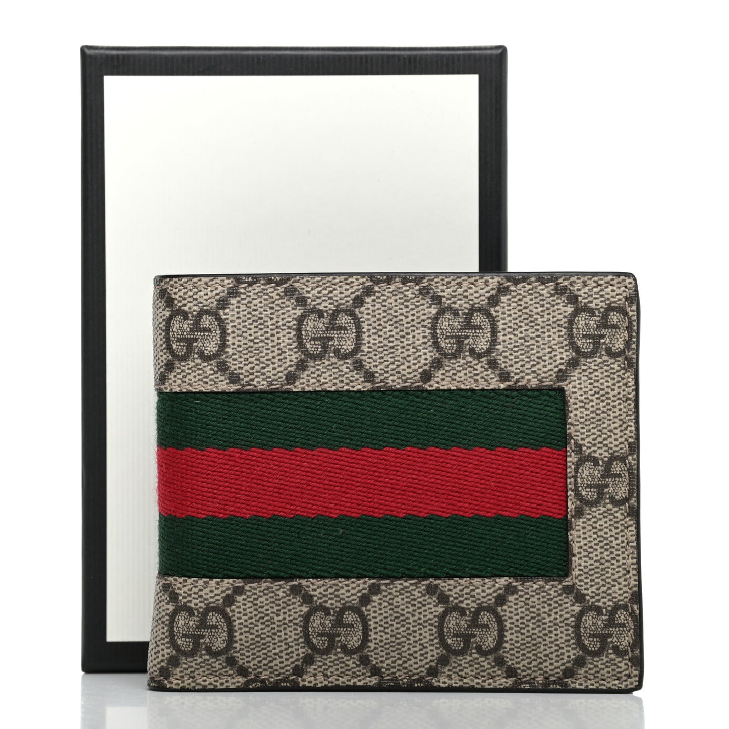 GG Supreme Monogram Selleria Calfskin Web New Web Bi-Fold Wallet Beige Ebony Cocoa