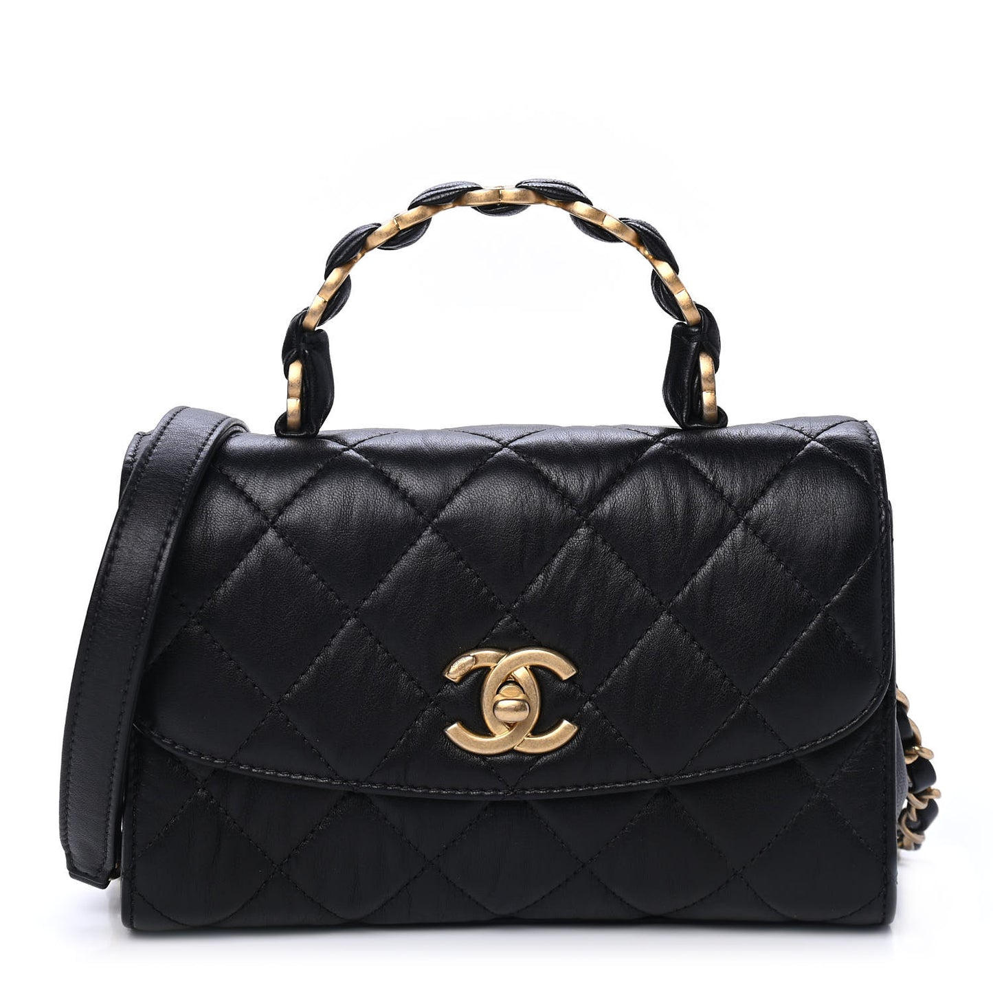 Crumpled Lambskin Quilted Mini CC Links Top Handle Flap Black