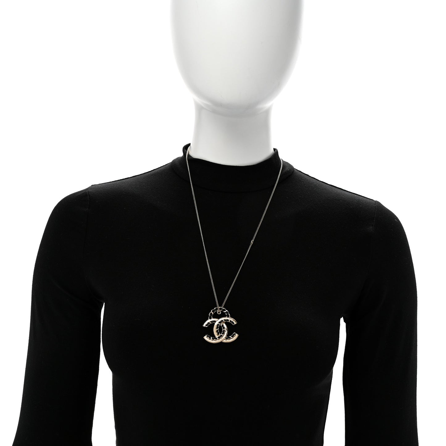 Metal Lambskin CC Pendant Necklace Black Gold