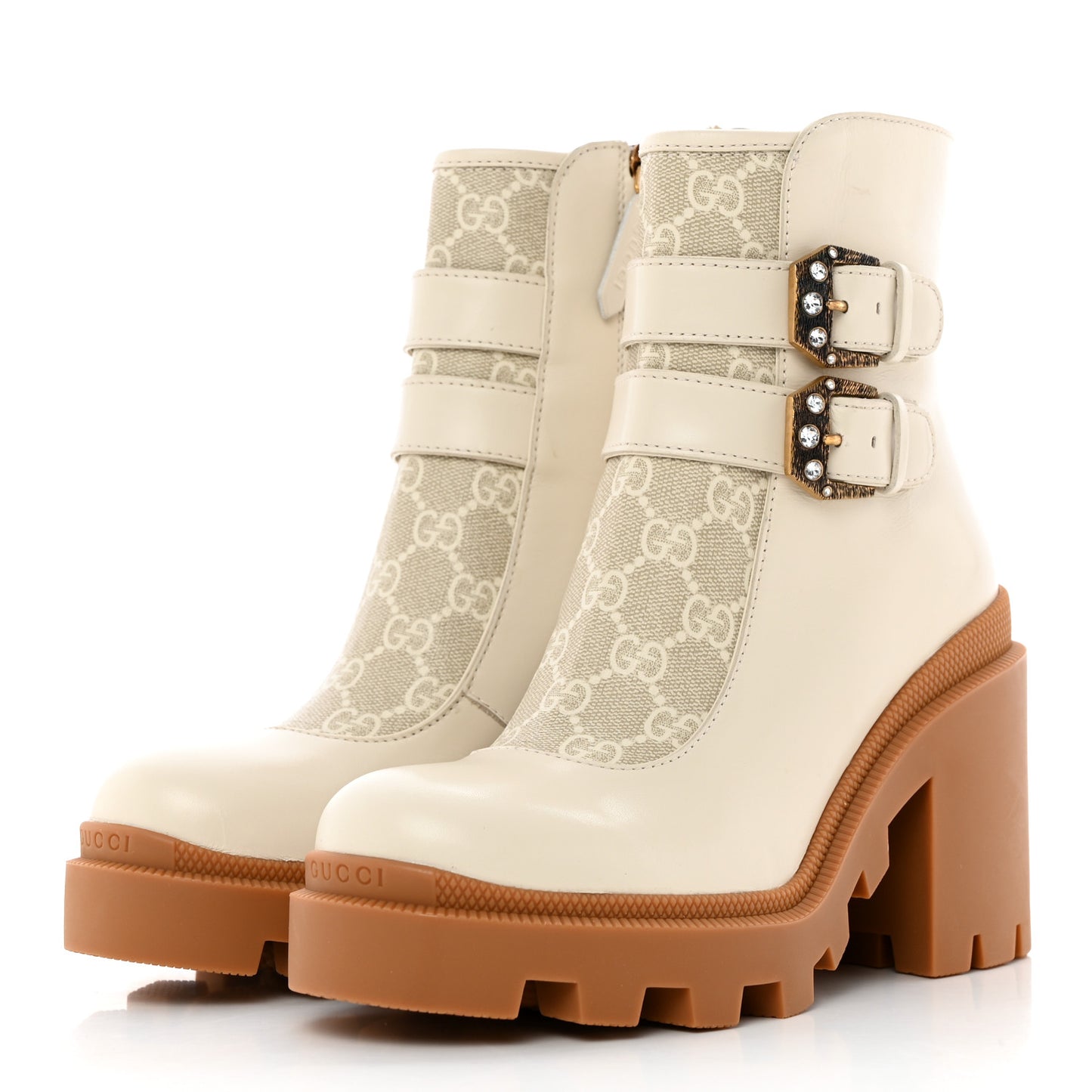 Kensington Calfskin Nappa GG Supreme Monogram Womens Double Buckle Ankle Boots 36.5 Mystic White Beige