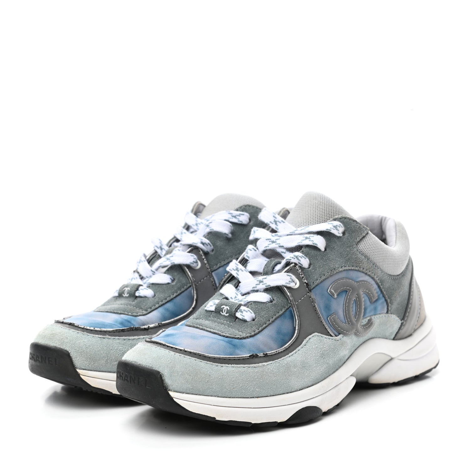 Nylon Lambskin Suede Calfskin CC Sneakers 39 Blue Grey White