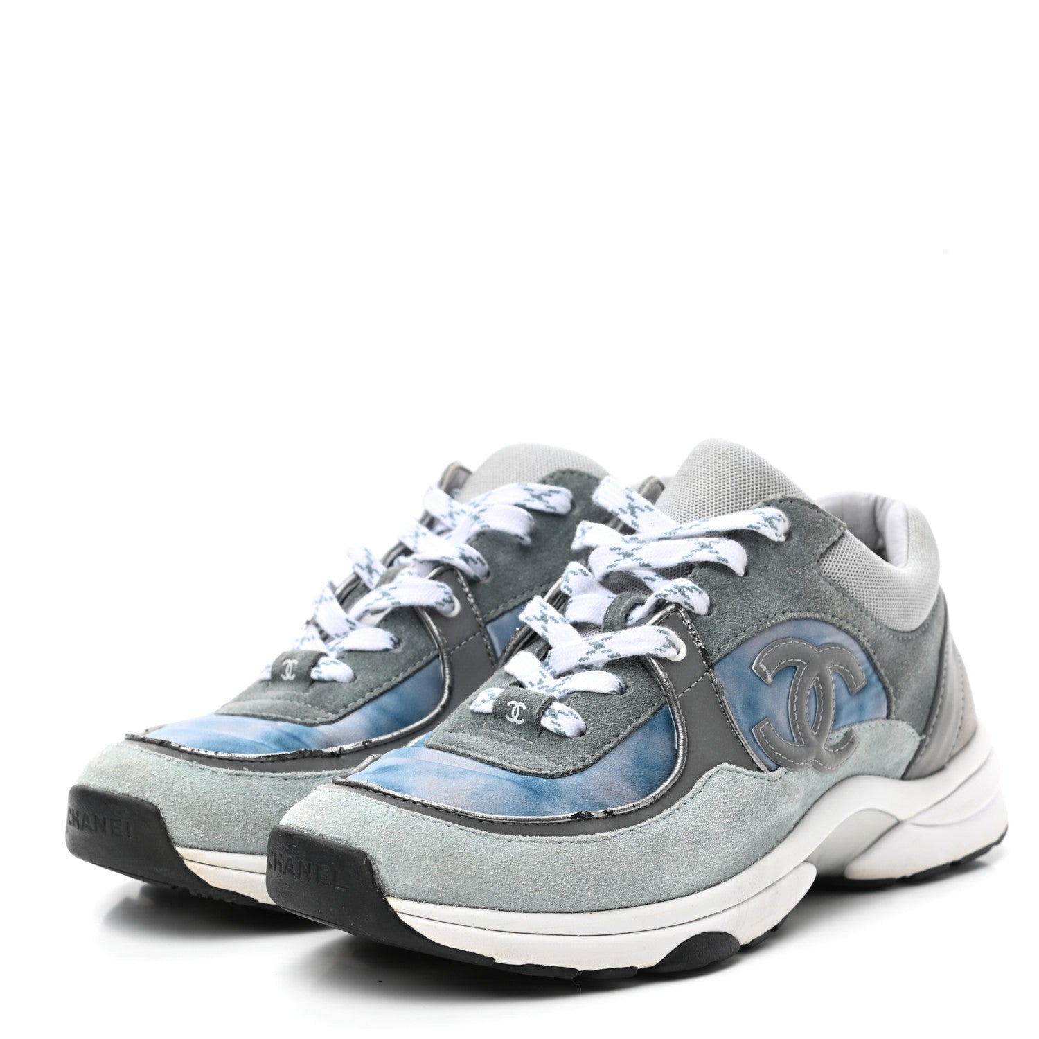 Chanel Nylon Lambskin Suede Calfskin CC Sneakers 39 Blue Grey White 3 of 13