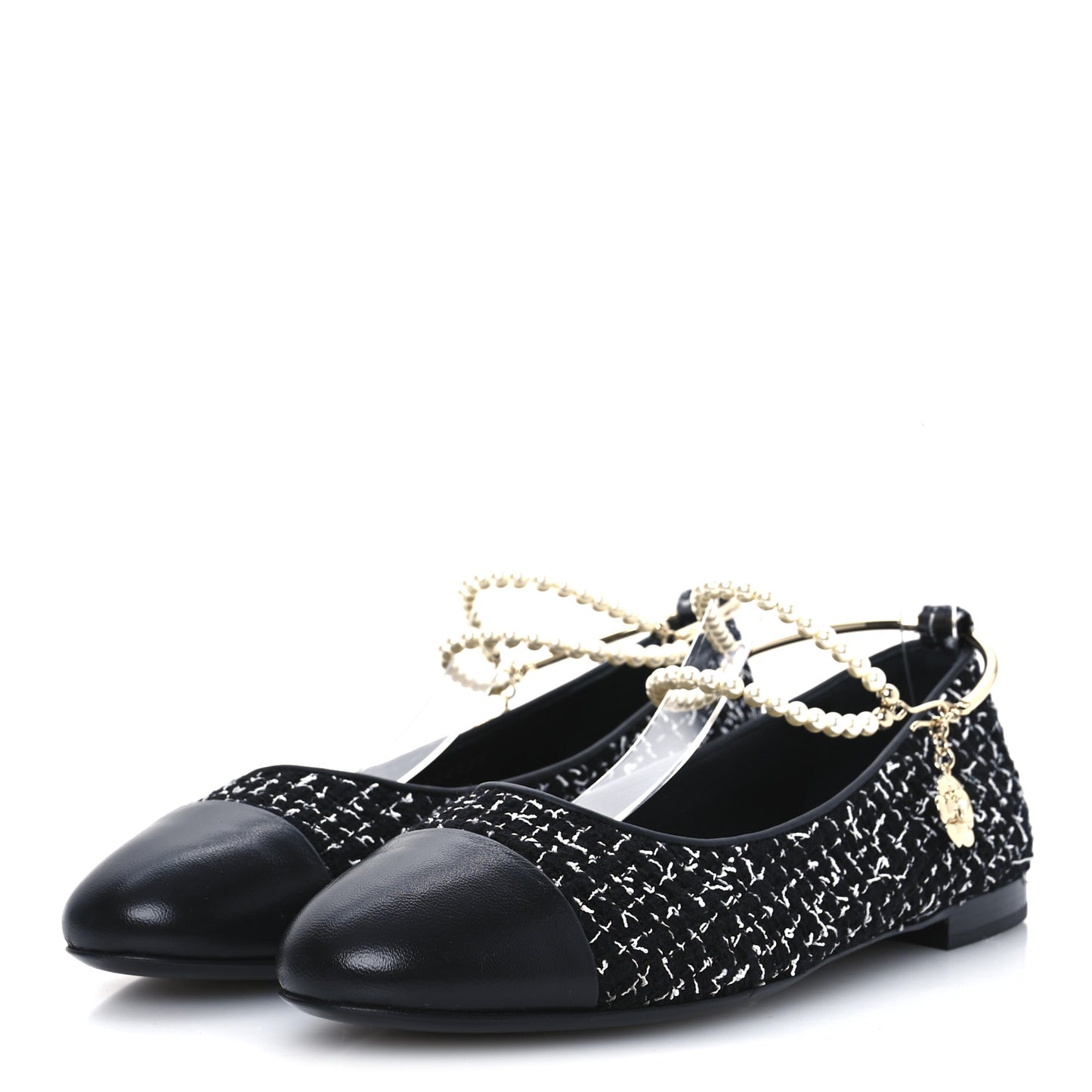 Tweed Lambskin Cap Toe Ankle Chain Ballerina Flats 39.5 Black White