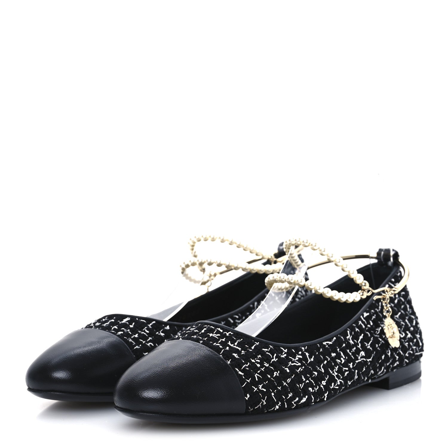 Chanel Tweed Lambskin Cap Toe Ankle Chain Ballerina Flats 39.5 Black White 4 of 10