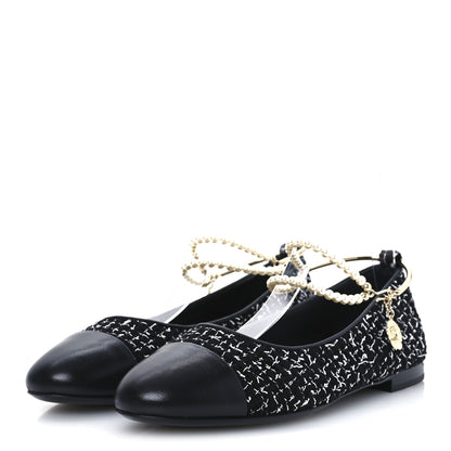 Chanel Tweed Lambskin Cap Toe Ankle Chain Ballerina Flats 39.5 Black White 4 of 10