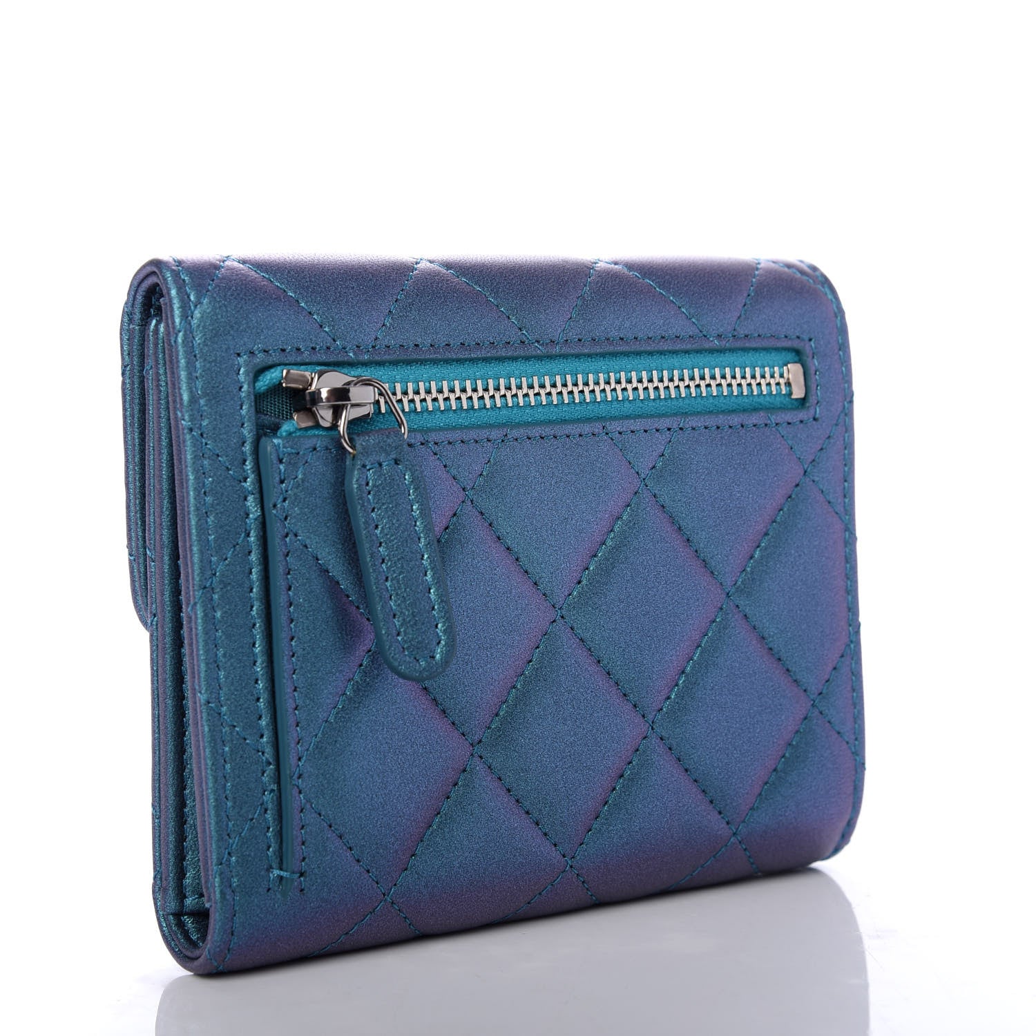 Chanel Iridescent Lambskin Quilted Small Compact Wallet Turquoise 3 of 9