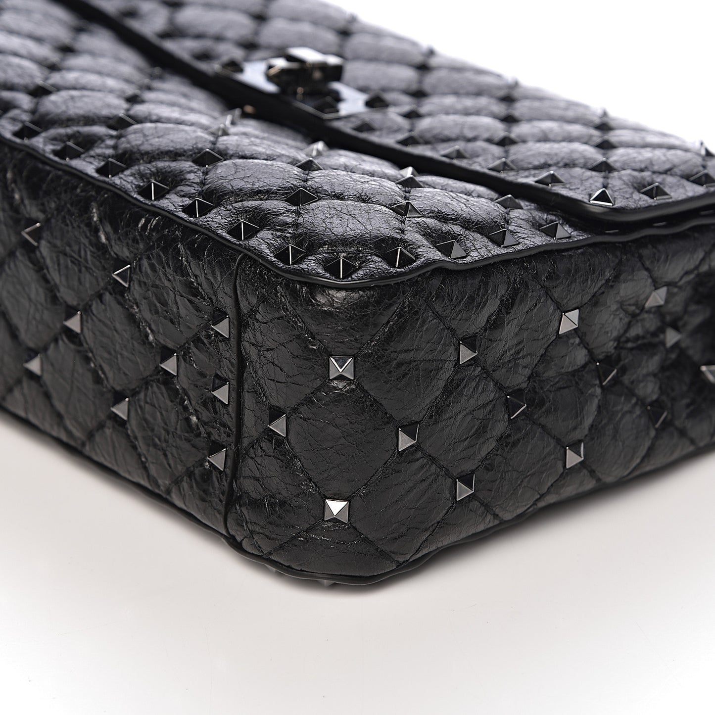 Craquele Nappa Medium Rockstud Spike Shoulder Bag Black