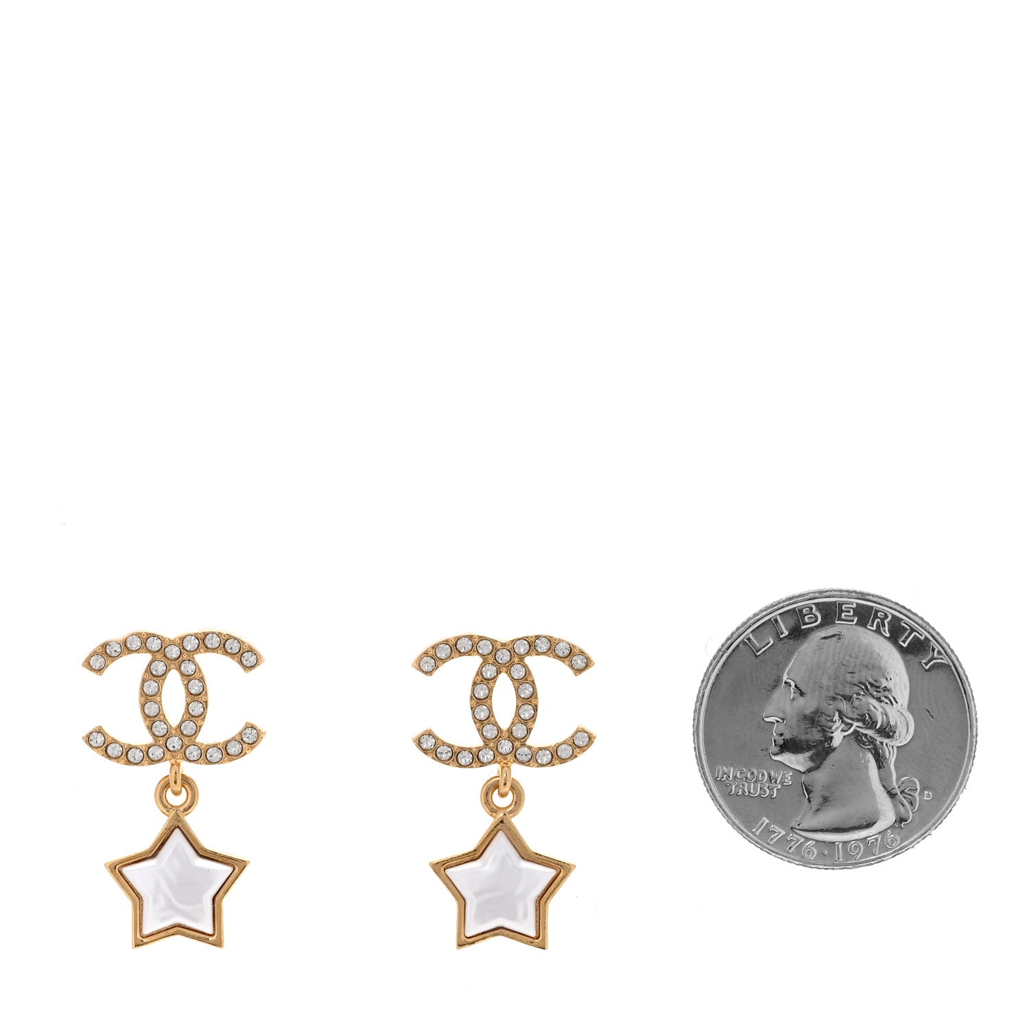 Chanel Metal Crystal Pearl CC Star Drop Earrings Gold Pearly White 2 of 5