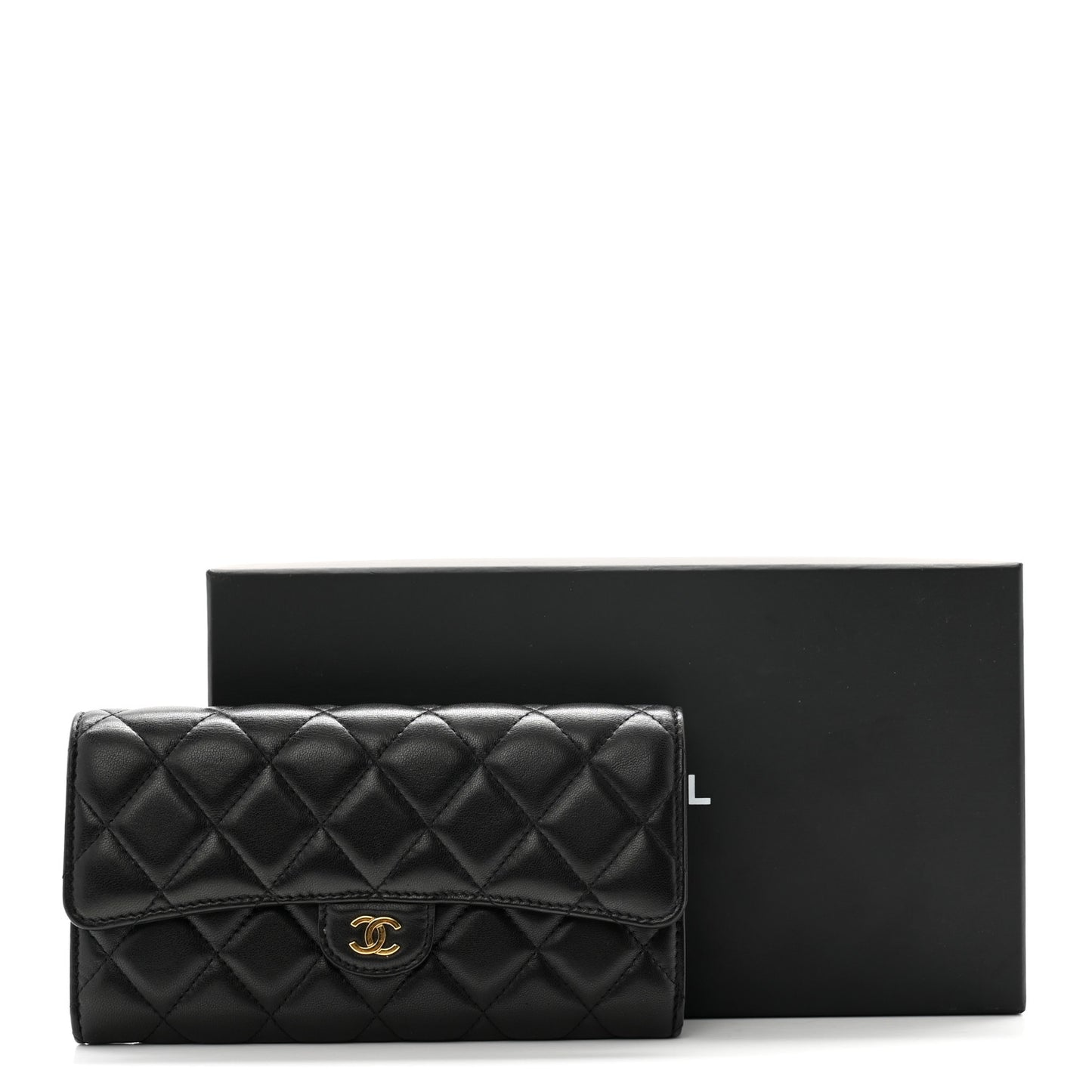 Lambskin Quilted Large Gusset Flap Wallet Black