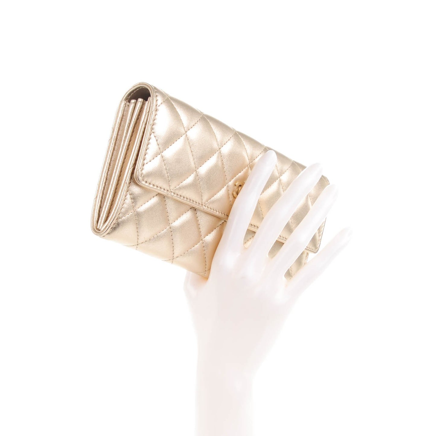 Metallic Lambskin Quilted Large Gusset Flap Wallet Gold