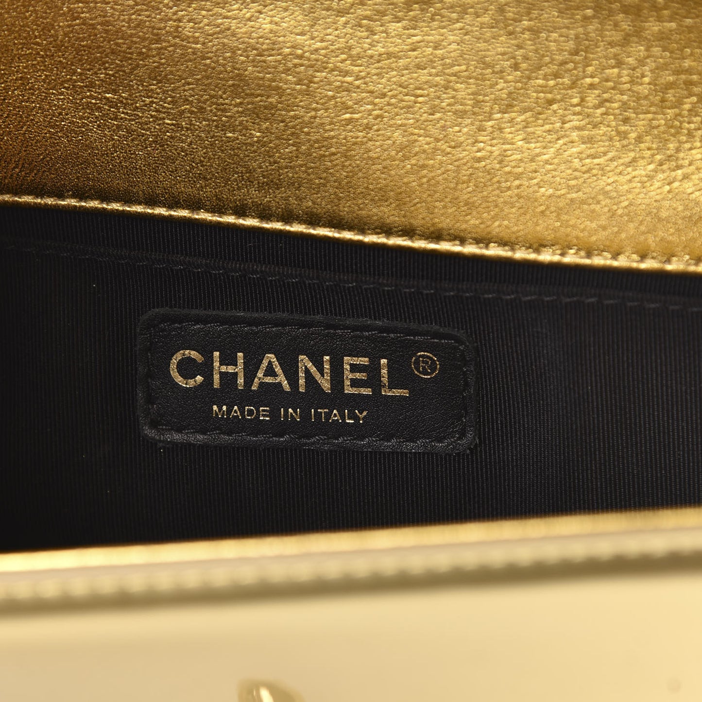 Metallic Patent Calfskin Quilted Small Boy Flap Gold