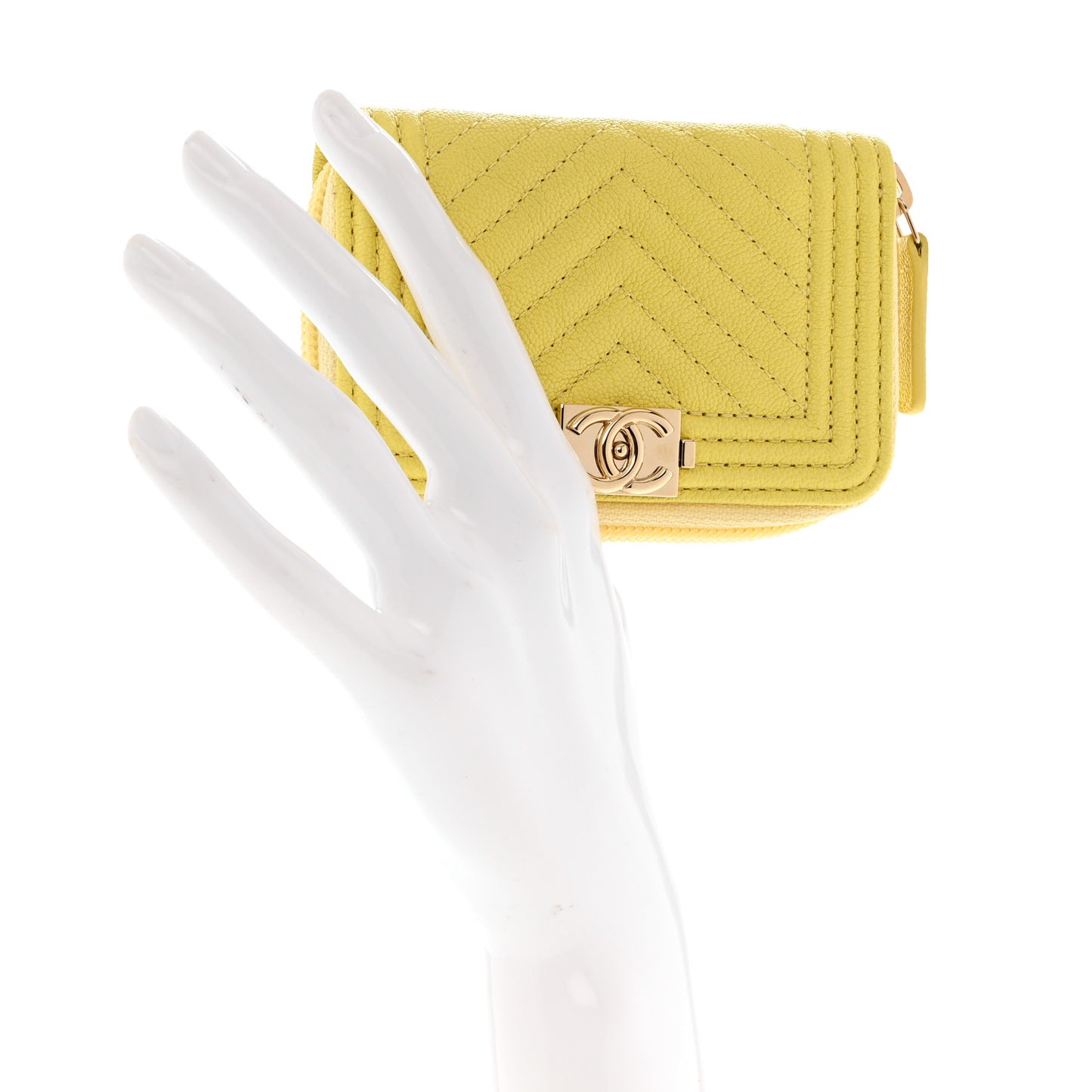 Caviar Chevron Quilted Boy Zip Around Coin Purse Wallet Yellow