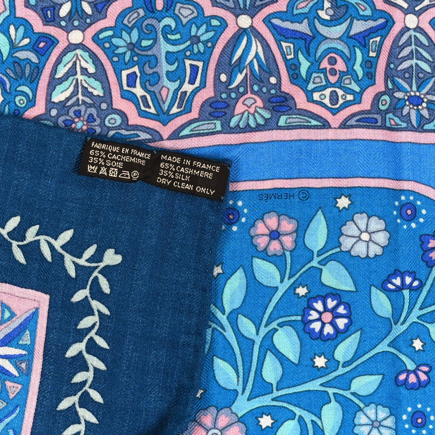 Cashmere Silk Aux Portes Du Palais Shawl 140 Bleu Turquoise Rose Pale