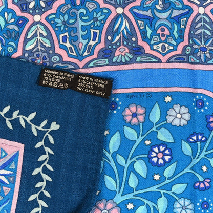 Hermes Cashmere Silk Aux Portes Du Palais Shawl 140 Bleu Turquoise Rose Pale 3 of 3