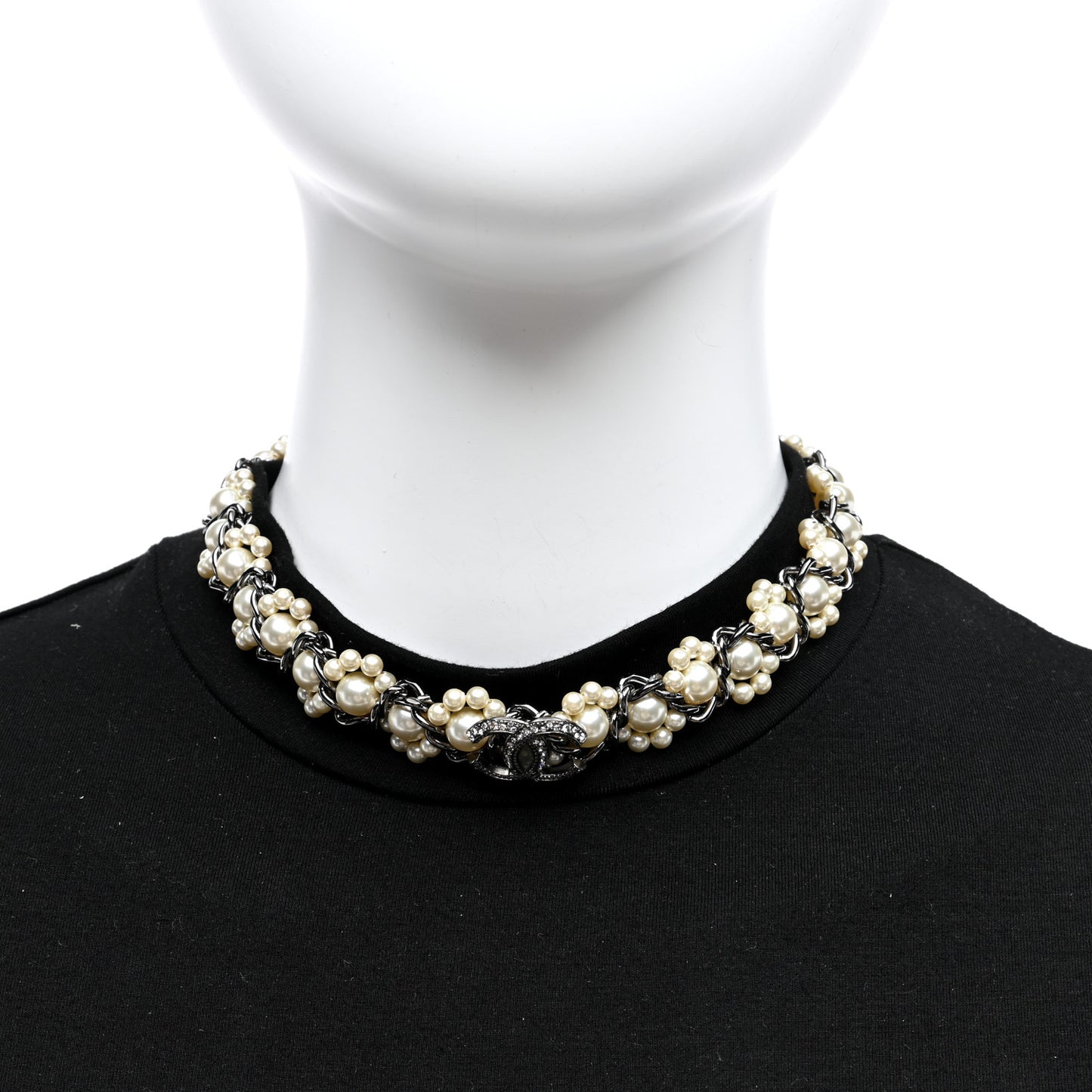 Pearl Crystal CC Choker Necklace Ruthenium