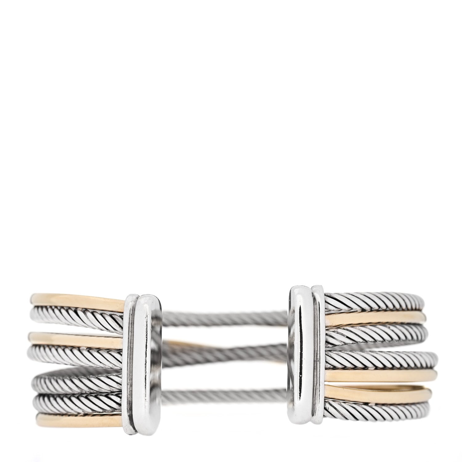 David Yurman Sterling Silver 18K Yellow Gold 21mm Four Row Crossover Cuff Bracelet 2 of 3