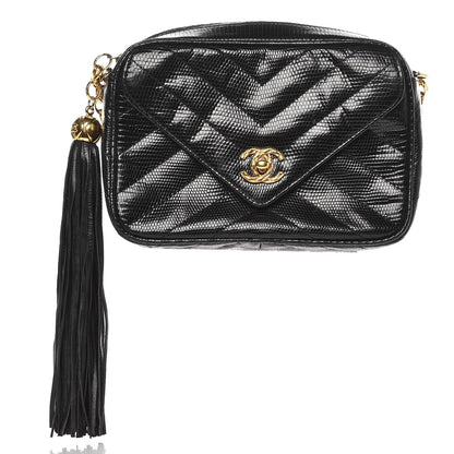 Chanel Lizard Chevron Quilted Small Tassel Camera Case Black 1 of 7