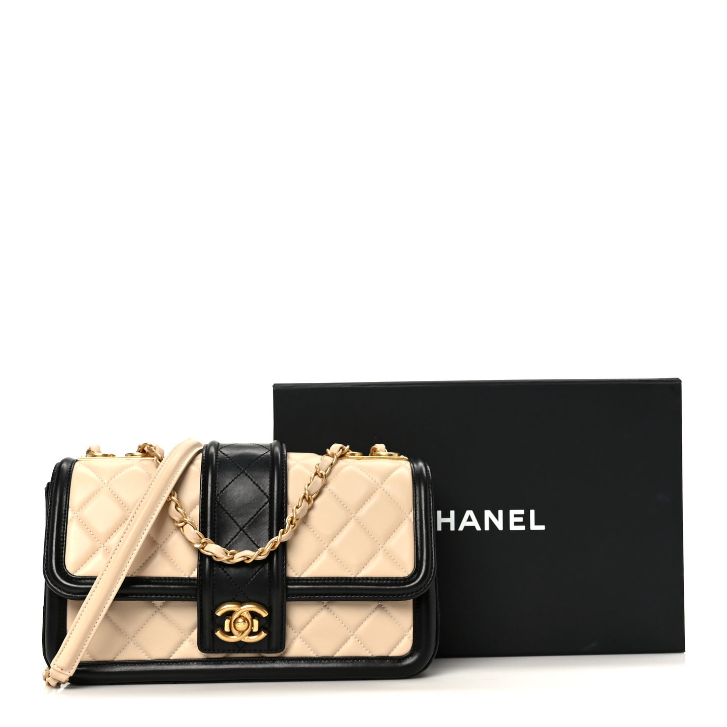 Lambskin Quilted Medium Elegant CC Flap Beige Black