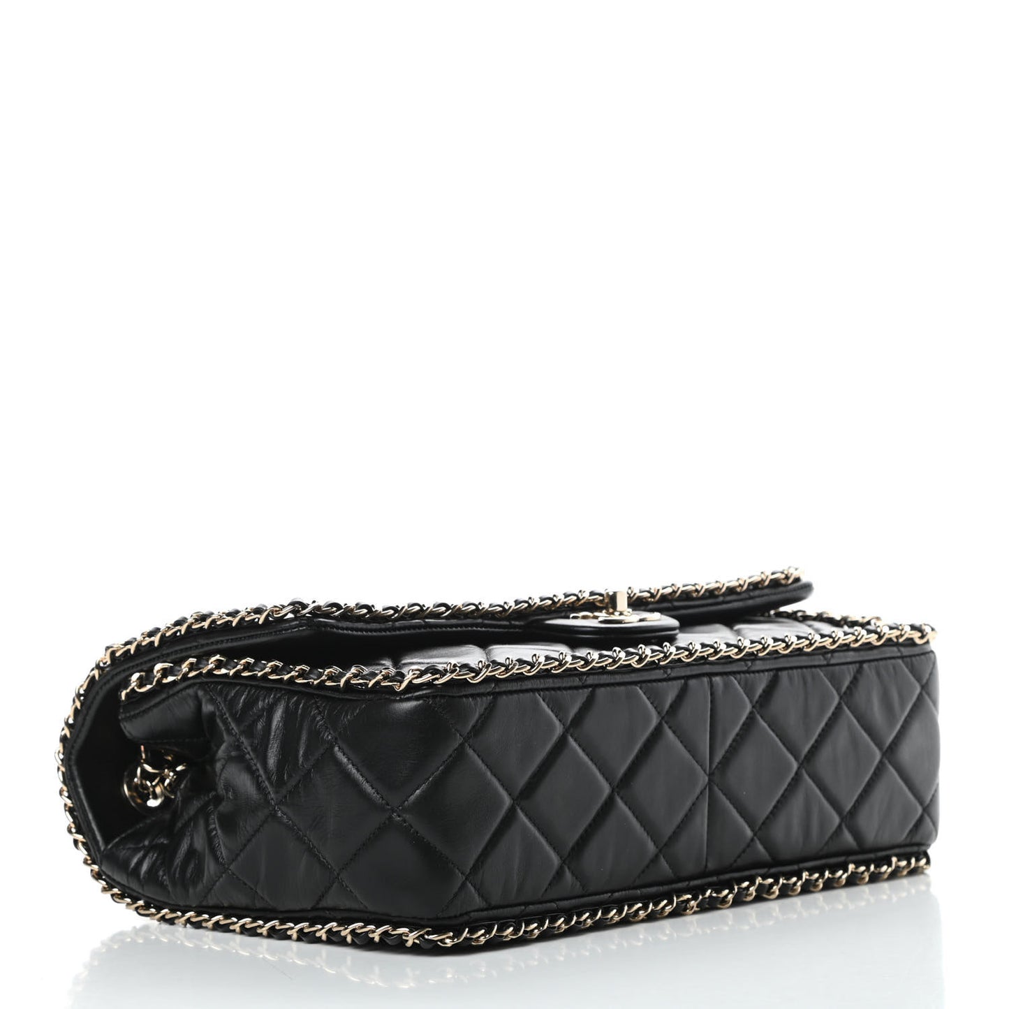 Crumpled Calfskin Quilted Large Chain All Over Flap Bag Black