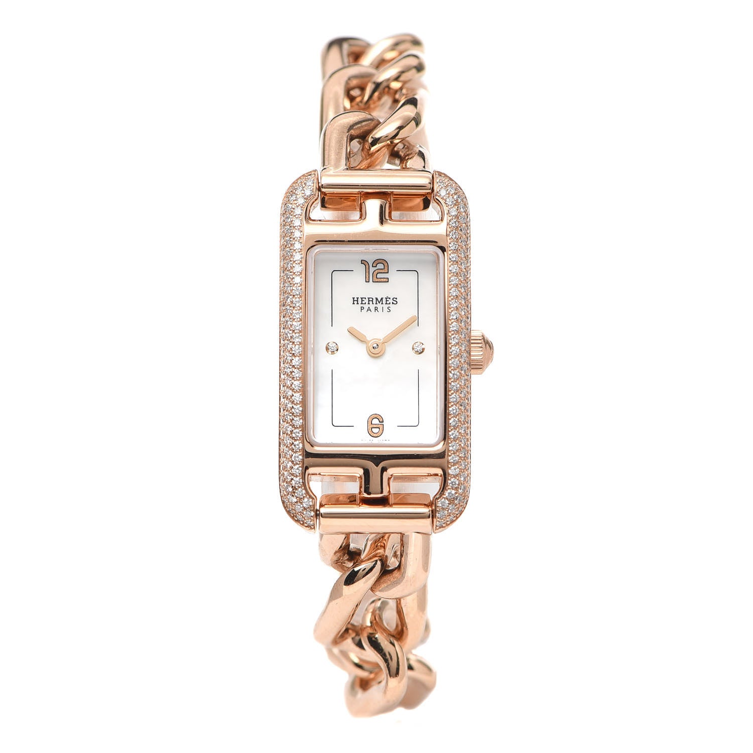 Hermes 18K Rose Gold Diamond Mother of Pearl 17mm Nantucket Quartz Watch 1 of 6