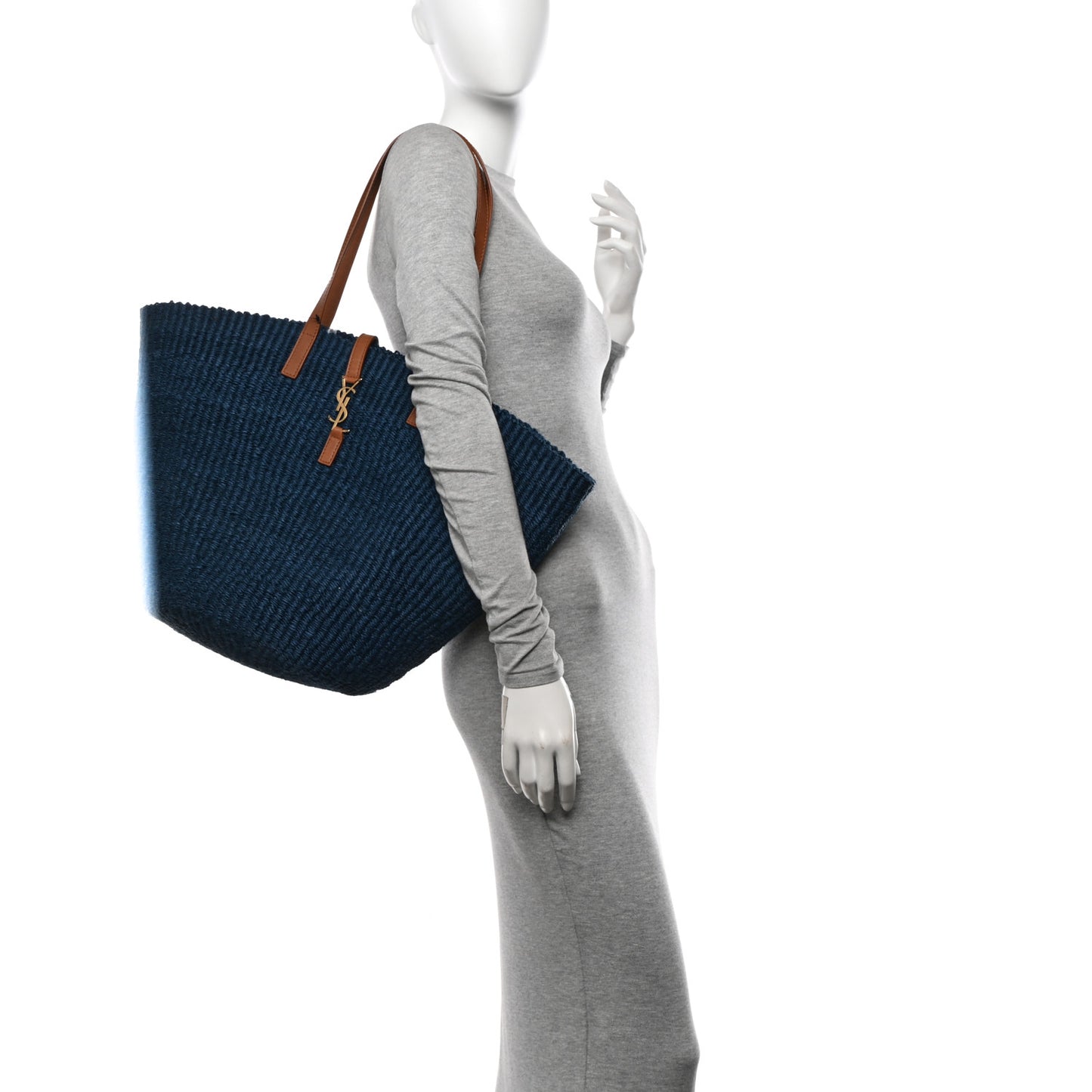 Raffia Calfskin Medium Panier Tote Blue