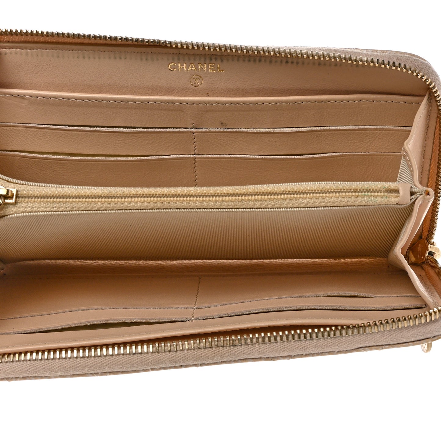 Iridescent Caviar Quilted Large Gusset Zip Around Wallet Beige