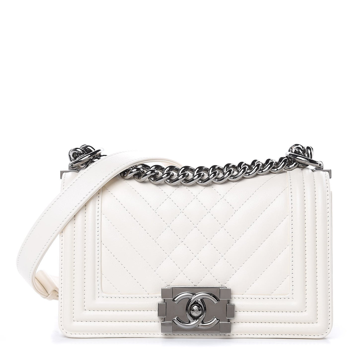 Lambskin Quilted Chevron Small Boy Flap White